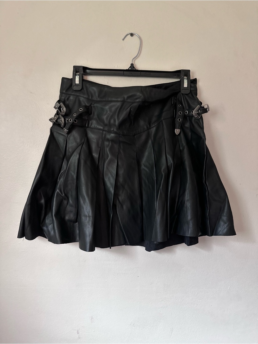 Black Pleated Faux Leather Mini Skirt with Side Buckles